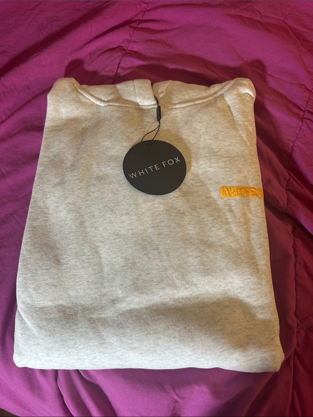 White Fox Boutique Womens Heather Gray Hoodie with orange Logo